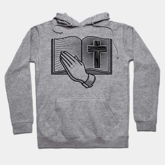 Cross of Jesus, open bible and praying hands. Hoodie by Reformer